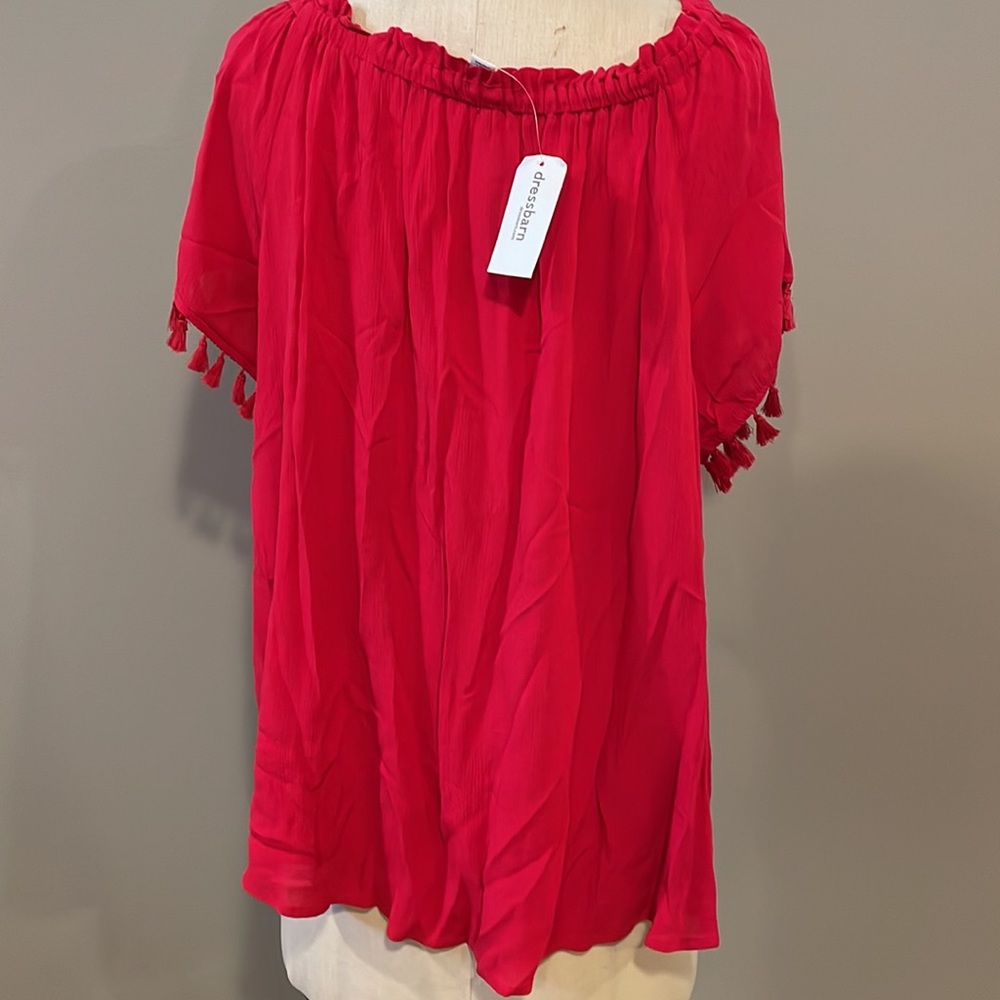 Dress barn tie front tassel sleeve blouse in red - Picture 6 of 8